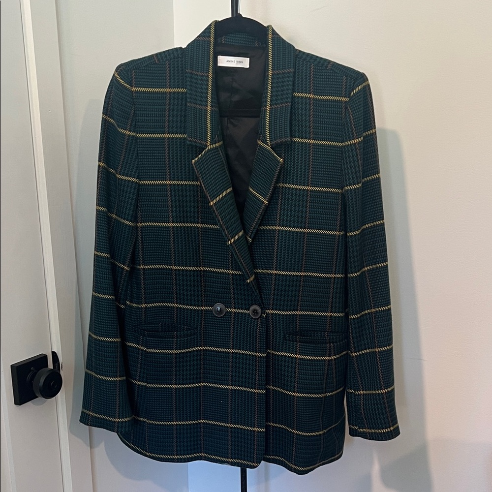 Anine Bing Green Plaid Blazer plaid jacket front pockets, sz Large.
